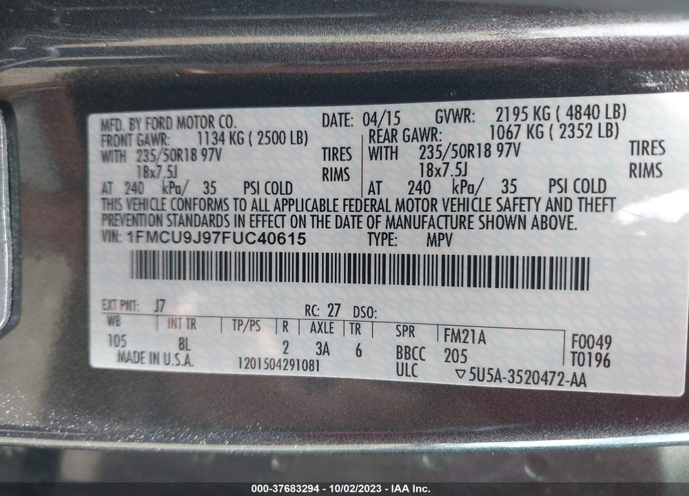 2015 FORD ESCAPE TITANIUM VIN: 1FMCU9J97FUC40615