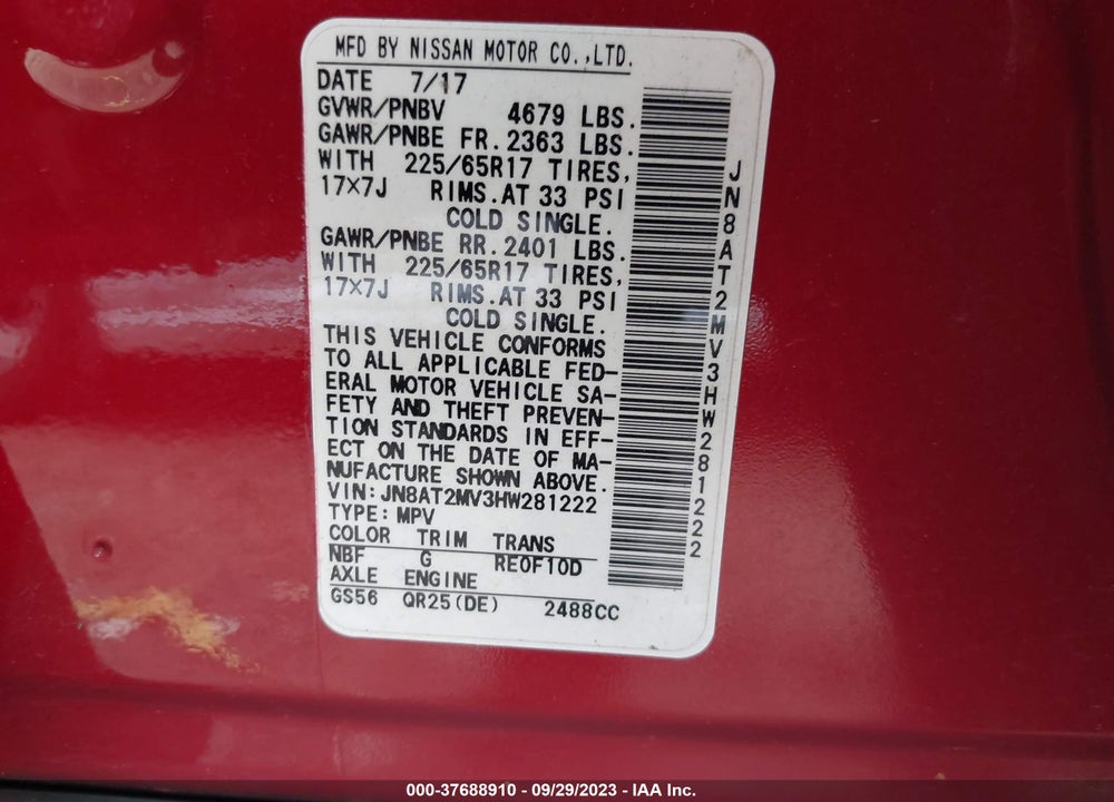 2017 NISSAN ROGUE SV VIN: JN8AT2MV3HW281222