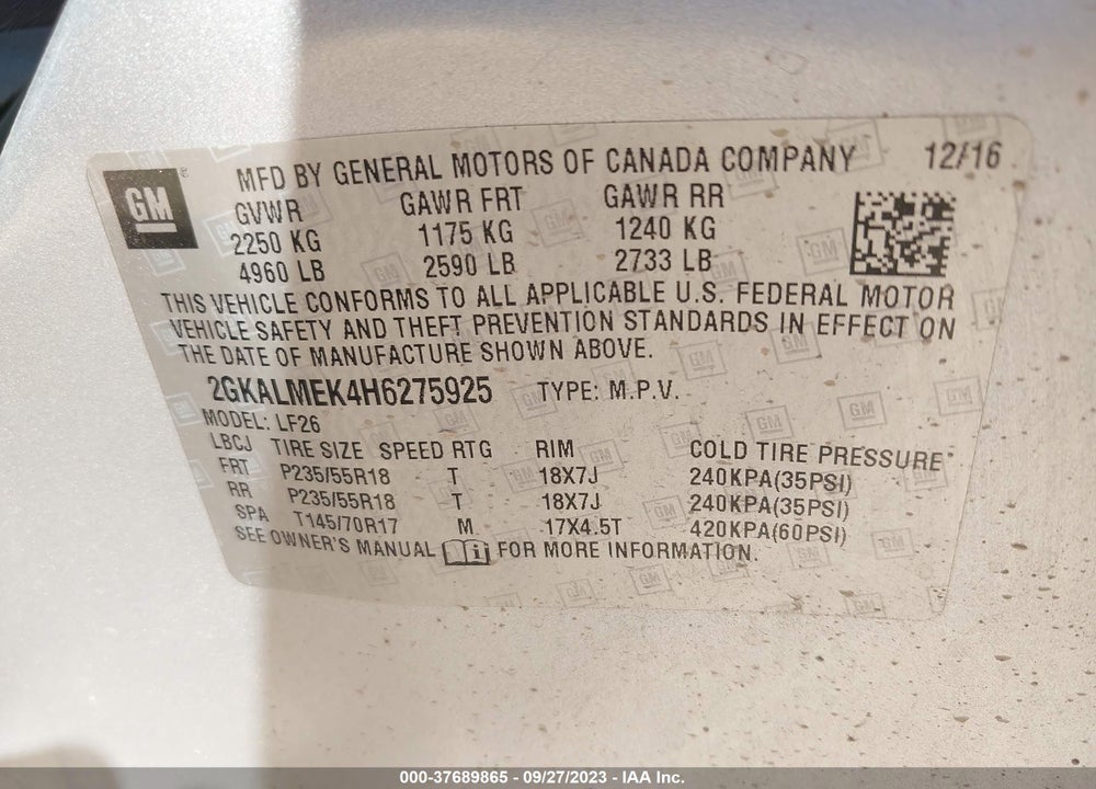 2017 GMC TERRAIN VIN: 2GKALMEK4H6275925