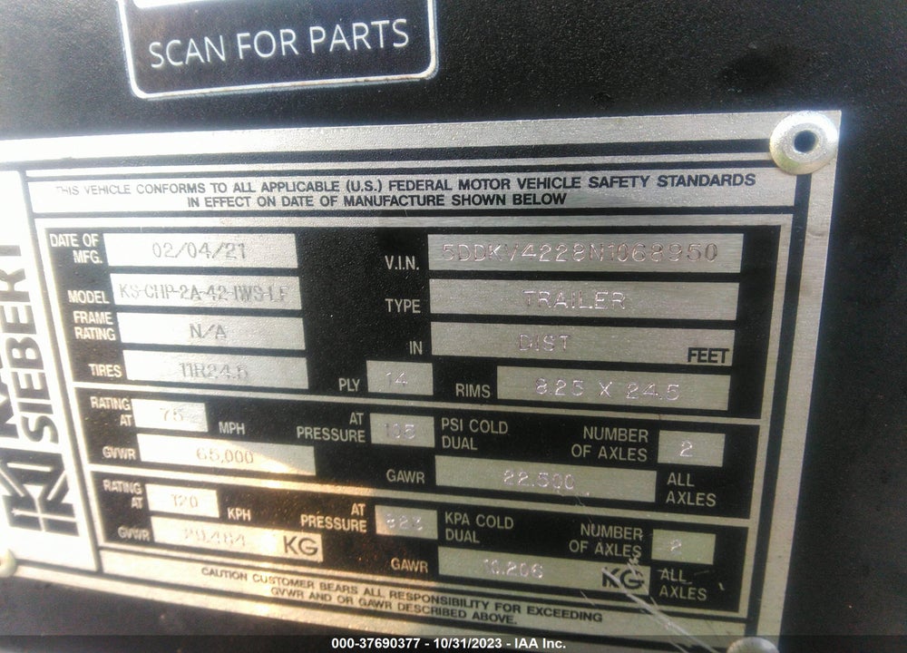 2022 KALYN CO SIEBERT TRAILERS INC VIN: 5DDKV4228N1068950