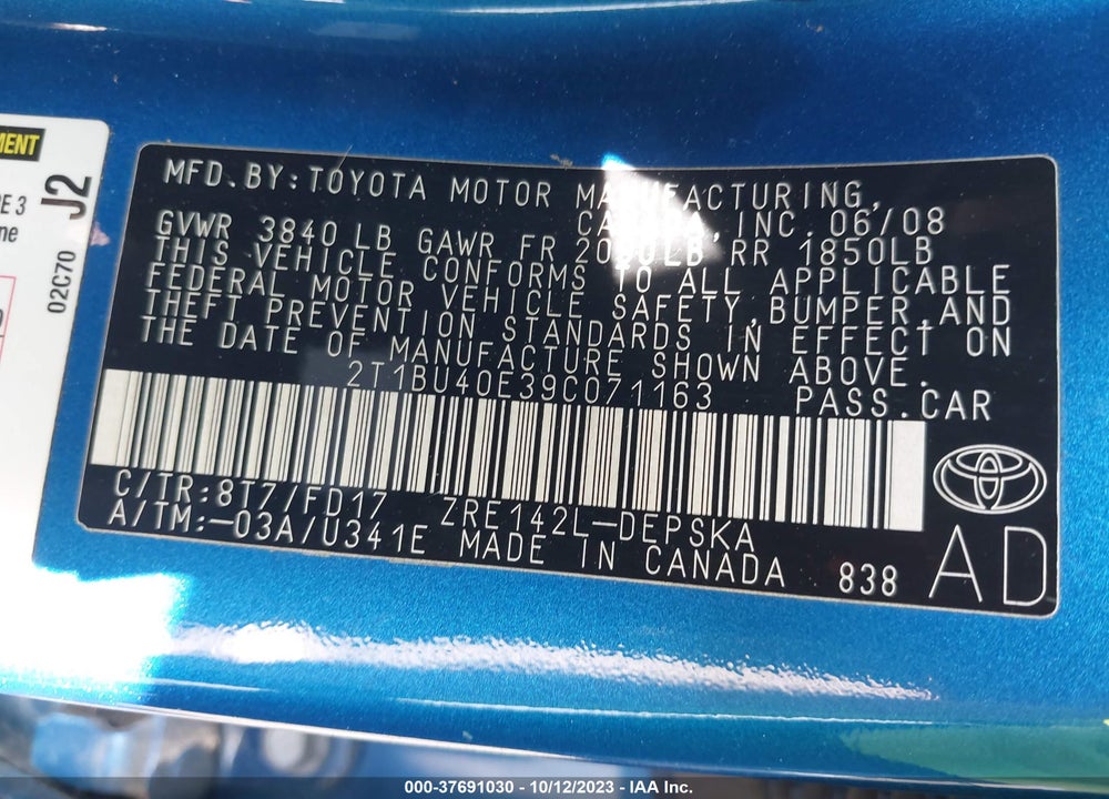 2009 TOYOTA COROLLA S VIN: 2T1BU40E39C071163