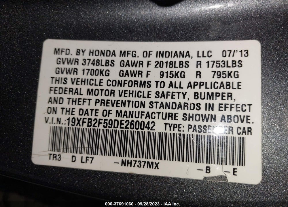 2013 HONDA CIVIC LX VIN: 19XFB2F59DE260042