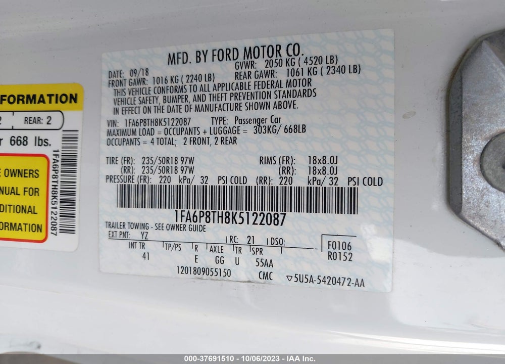 2019 FORD MUSTANG ECOBOOST PREMIUM VIN: 1FA6P8TH8K5122087