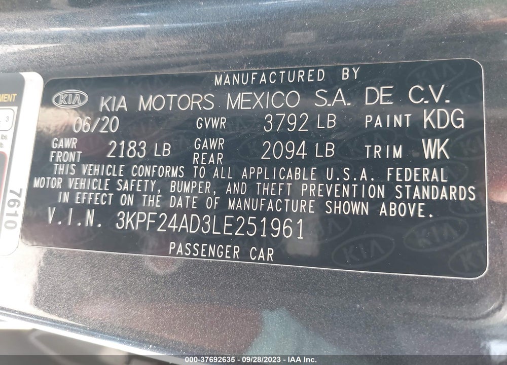 2020 KIA FORTE LXS VIN: 3KPF24AD3LE251961
