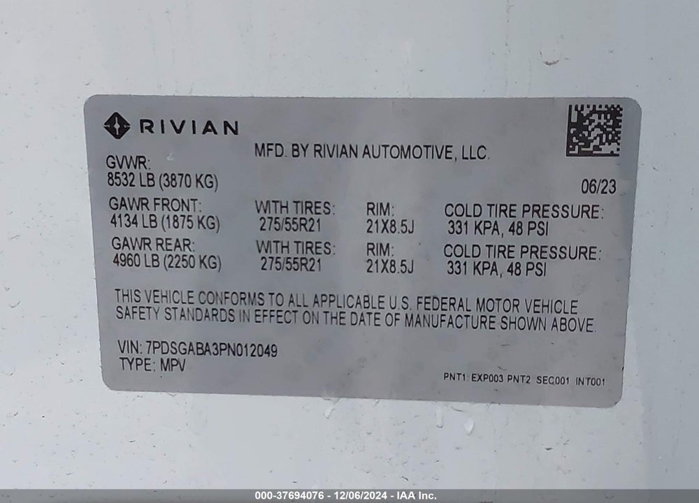 2023 RIVIAN R1S ADVENTURE VIN: 7PDSGABA3PN012049