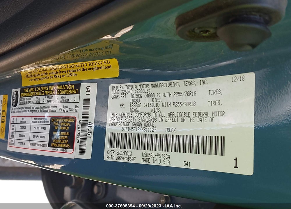2019 TOYOTA TUNDRA SR5 5.7L V8 VIN: 5TFDW5F12KX811127