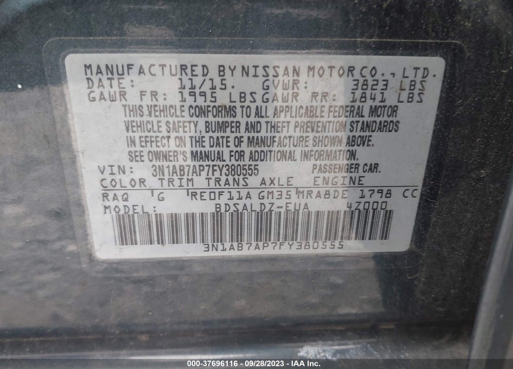 2015 NISSAN SENTRA SV VIN: 3N1AB7AP7FY380555