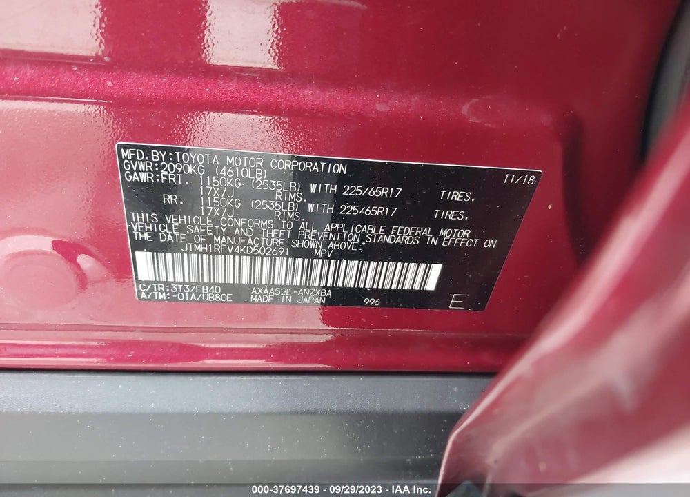 2019 TOYOTA RAV4 LE VIN: JTMH1RFV4KD502691