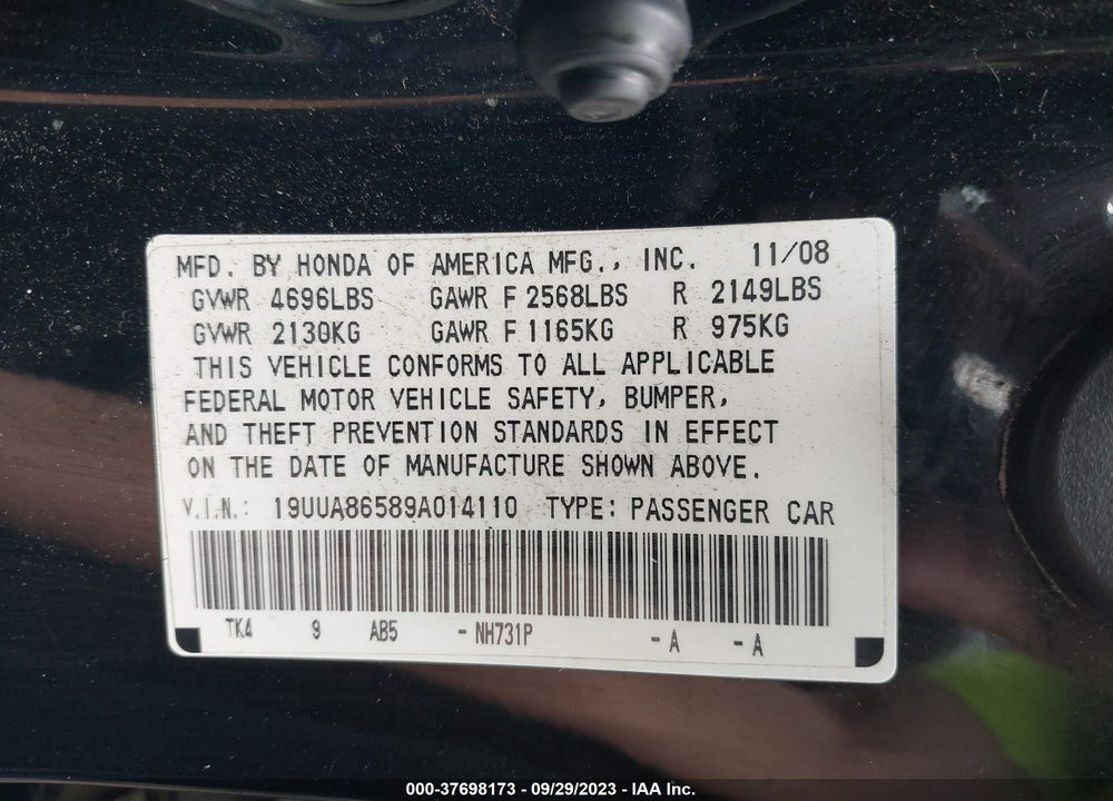 2009 ACURA TL 3.5 VIN: 19UUA86589A014110