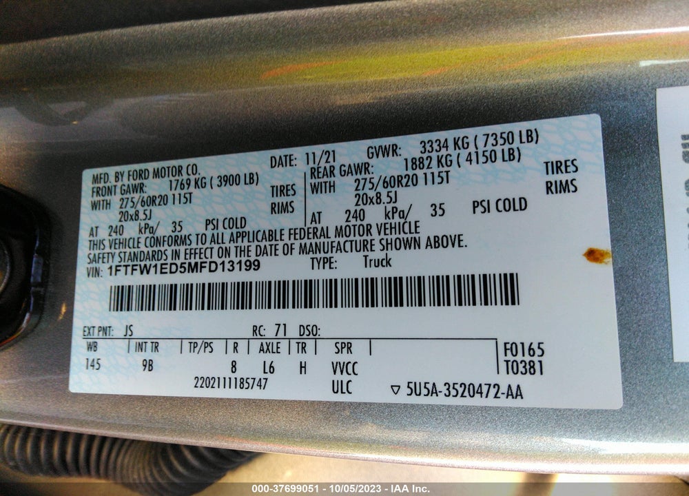 2021 FORD F-150 PLATINUM VIN: 1FTFW1ED5MFD13199