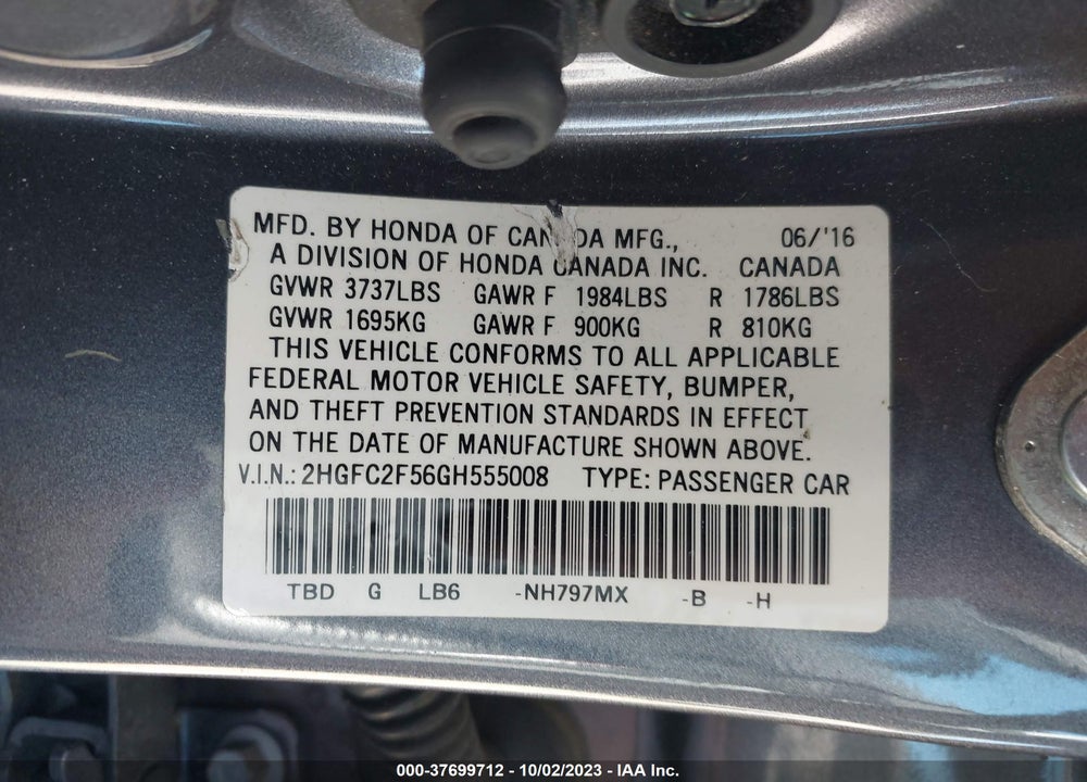 2016 HONDA CIVIC LX VIN: 2HGFC2F56GH555008