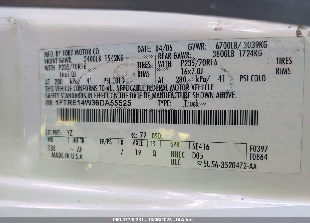2006 FORD E-150 RECREATIONAL/COMMERCIAL VIN: 1FTRE14W36DA55525