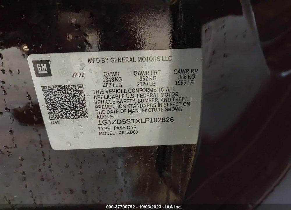 2020 CHEVROLET MALIBU FWD LT VIN: 1G1ZD5STXLF102626