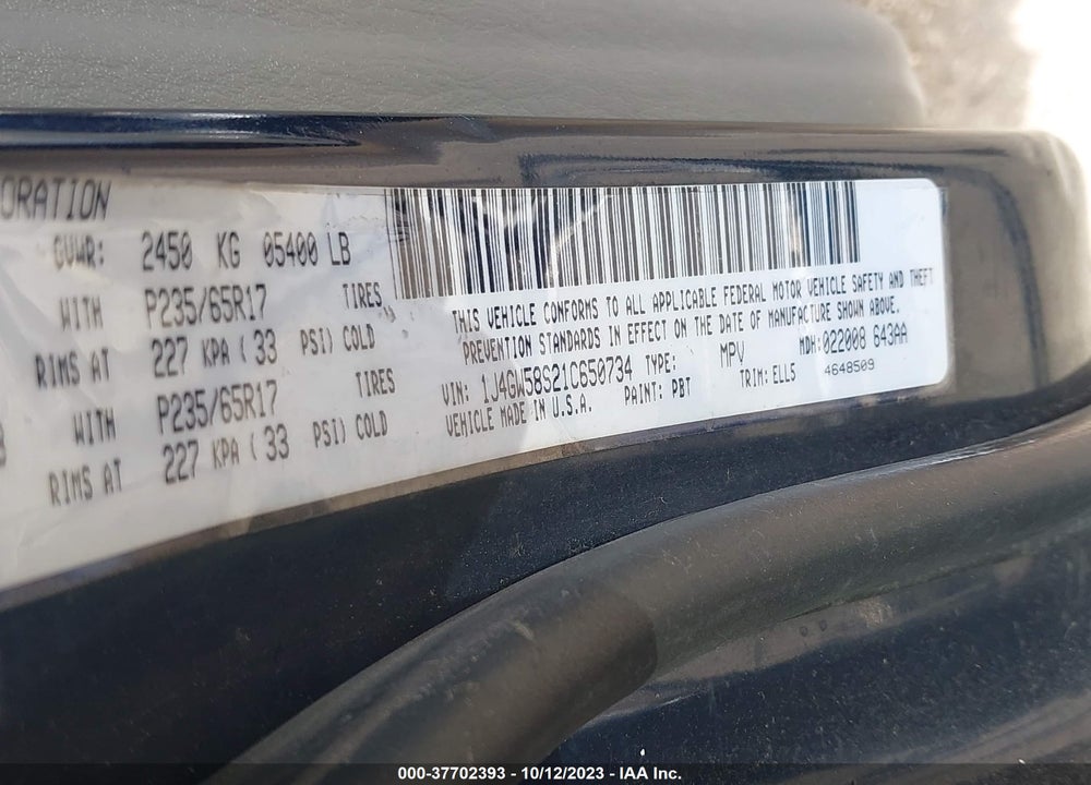 2001 JEEP GRAND CHEROKEE LIMITED VIN: 1J4GW58S21C650734