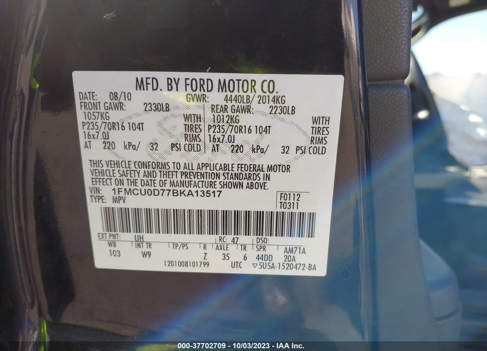 2011 FORD ESCAPE XLT VIN: 1FMCU0D77BKA13517