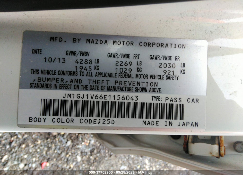 2014 MAZDA 6 I TOURING VIN: JM1GJ1V66E1156043