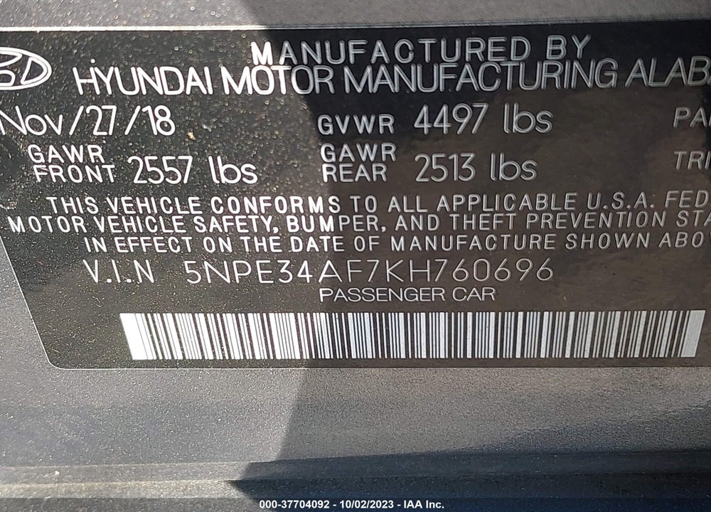 2019 HYUNDAI SONATA SEL VIN: 5NPE34AF7KH760696