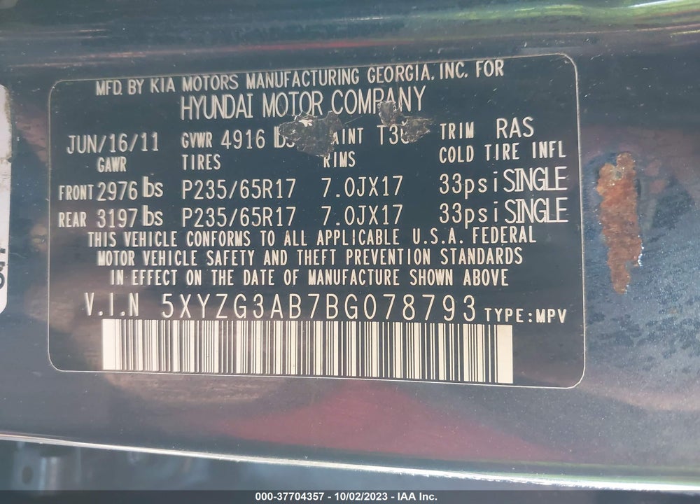 2011 HYUNDAI SANTA FE GLS VIN: 5XYZG3AB7BG078793