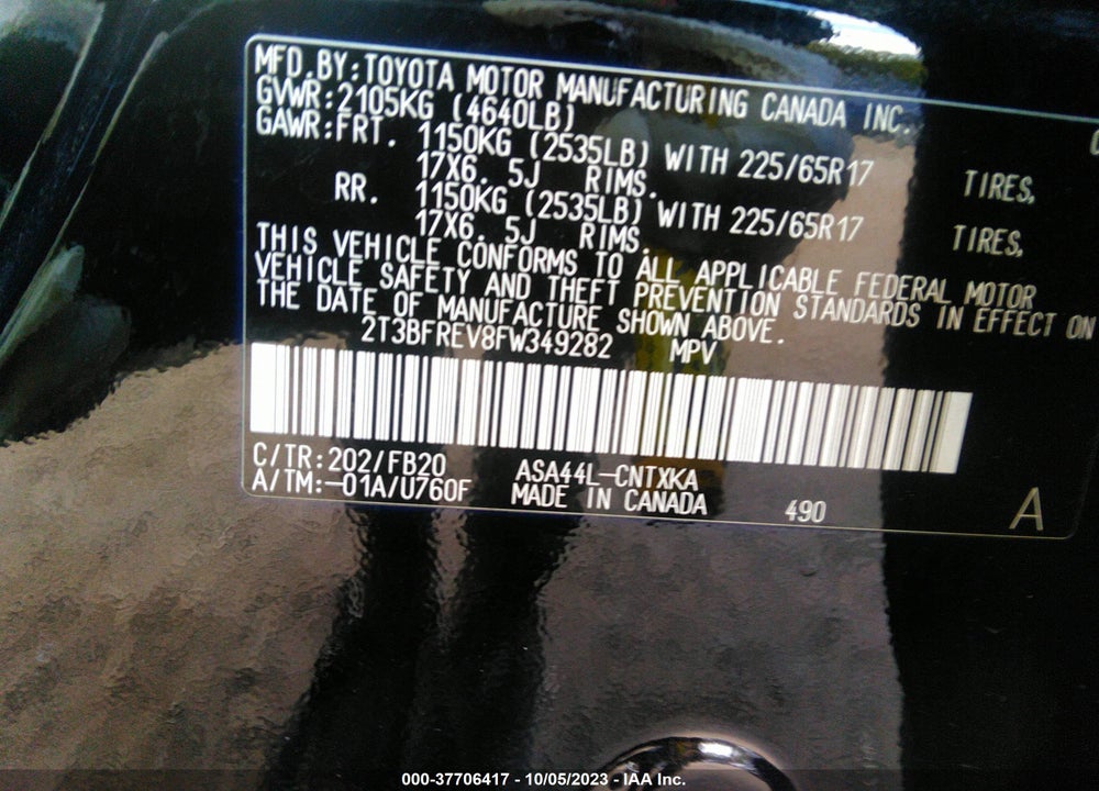 2015 TOYOTA RAV4 LE VIN: 2T3BFREV8FW349282