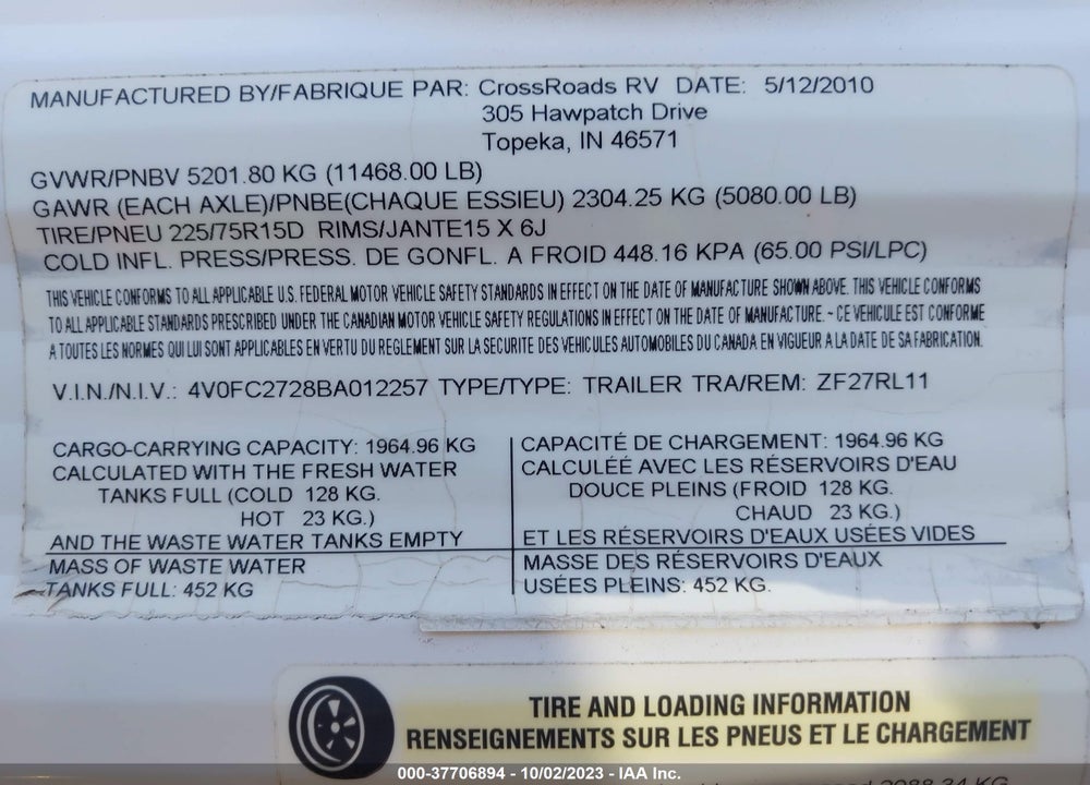 2011 CROSSROADS OTHER VIN: 4V0FC2728BA012257