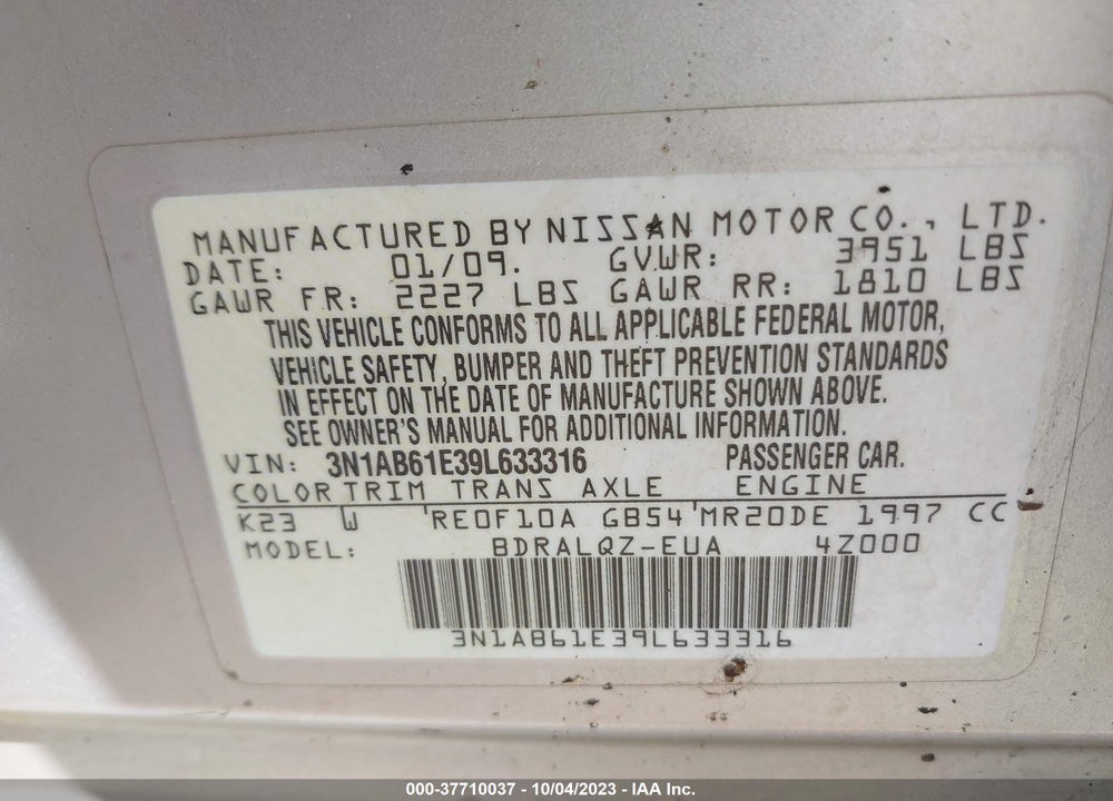 2009 NISSAN SENTRA 2.0 VIN: 3N1AB61E39L633316