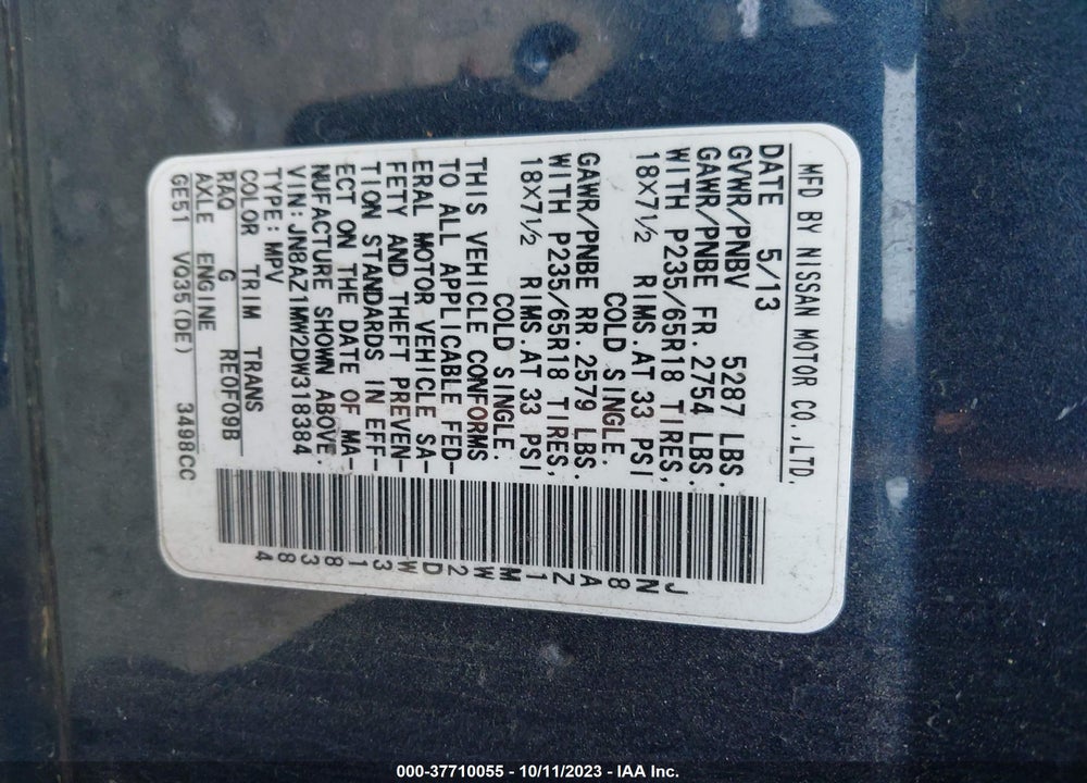 2013 NISSAN MURANO VIN: JN8AZ1MW2DW318384