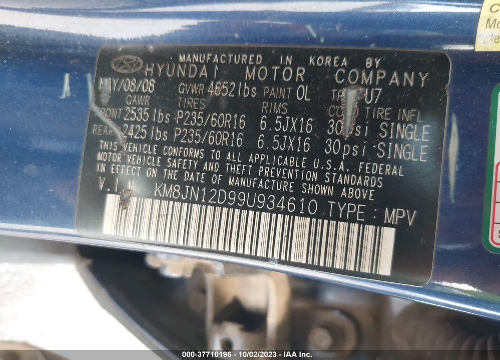 2009 HYUNDAI TUCSON SE VIN: KM8JN12D99U934610