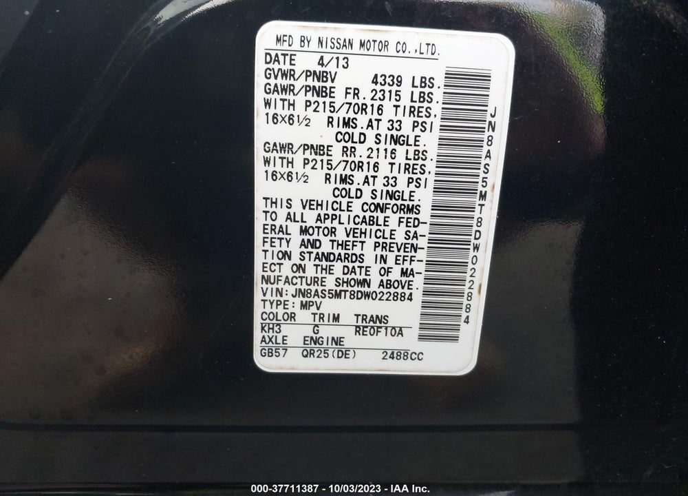 2013 NISSAN ROGUE S VIN: JN8AS5MT8DW022884