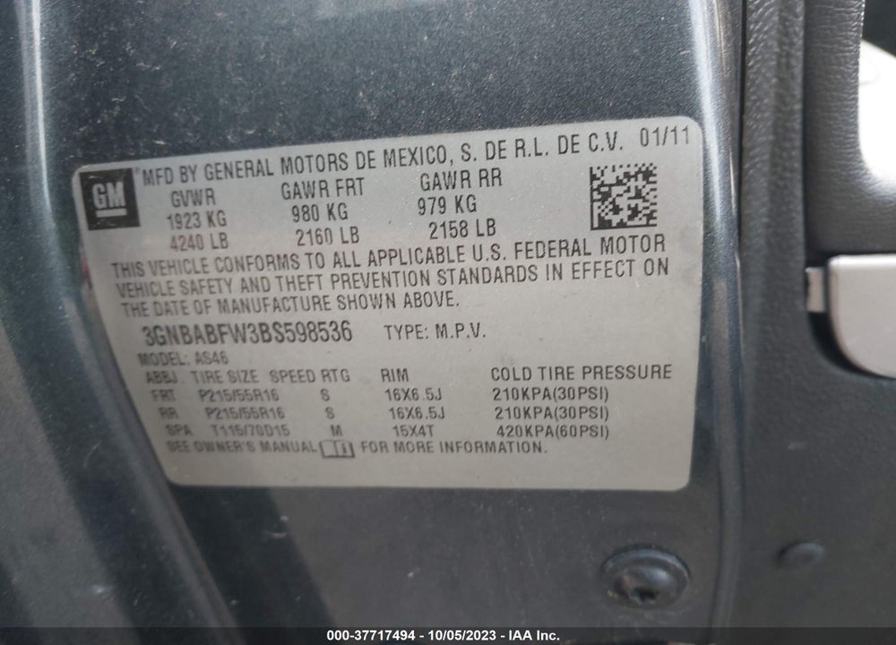 2011 CHEVROLET HHR LT VIN: 3GNBABFW3BS598536