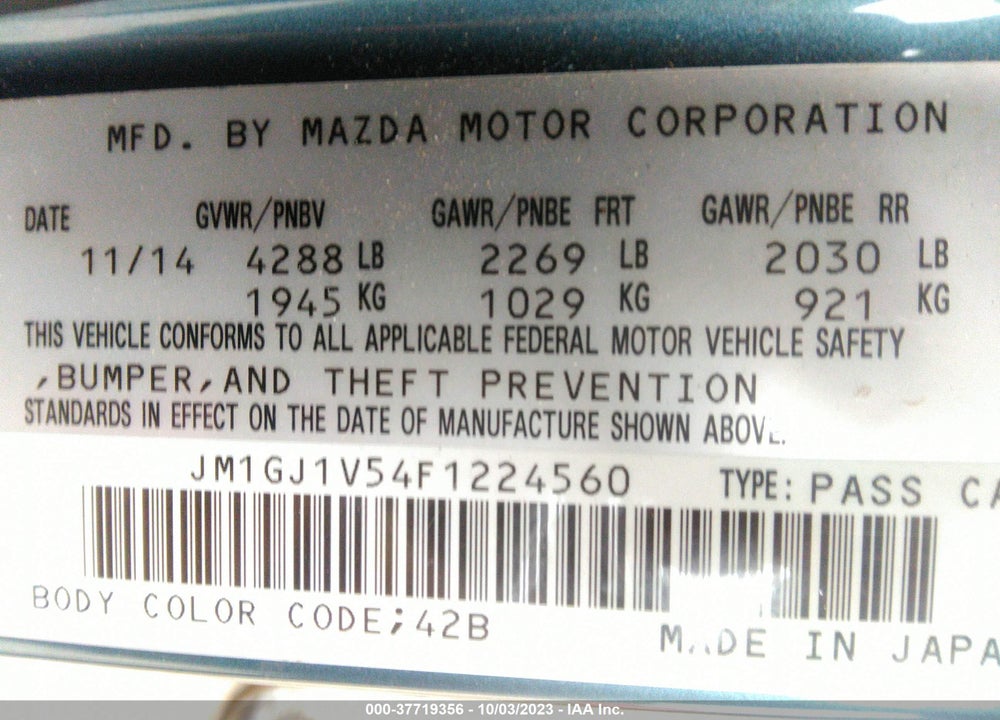 2015 MAZDA 6 I TOURING VIN: JM1GJ1V54F1224560