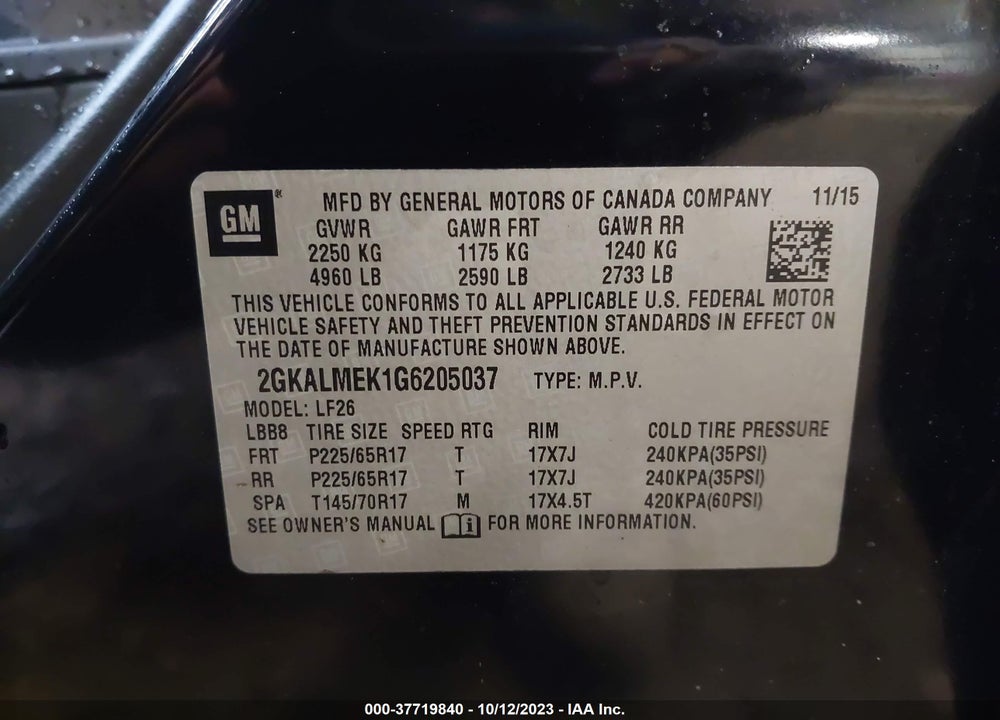 2016 GMC TERRAIN SLE-1 VIN: 2GKALMEK1G6205037