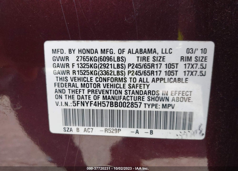 2011 HONDA PILOT EX-L VIN: 5FNYF4H57BB002857