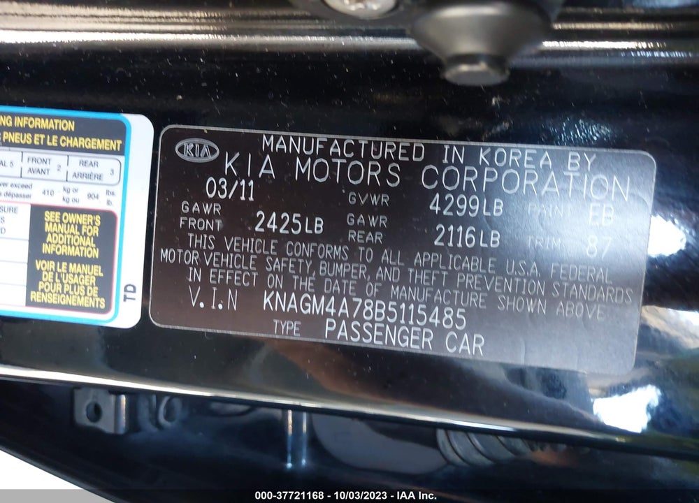 2011 KIA OPTIMA LX VIN: KNAGM4A78B5115485