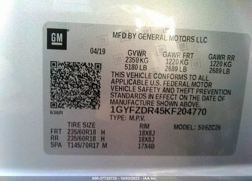 2019 CADILLAC XT4 PREMIUM LUXURY VIN: 1GYFZDR45KF204770