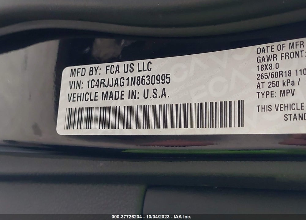2022 JEEP GRAND CHEROKEE L LAREDO 4X2 VIN: 1C4RJJAG1N8630995