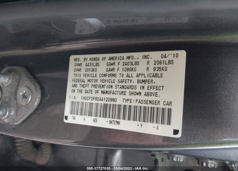 2010 HONDA ACCORD 2.4 EX-L VIN: 1HGCP2F82AA120980