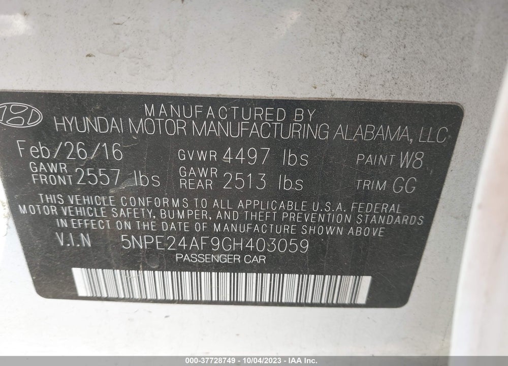 2016 HYUNDAI SONATA VIN: 5NPE24AF9GH403059
