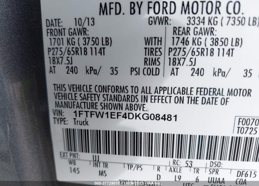 2013 FORD F-150 XLT VIN: 1FTFW1EF4DKG08481
