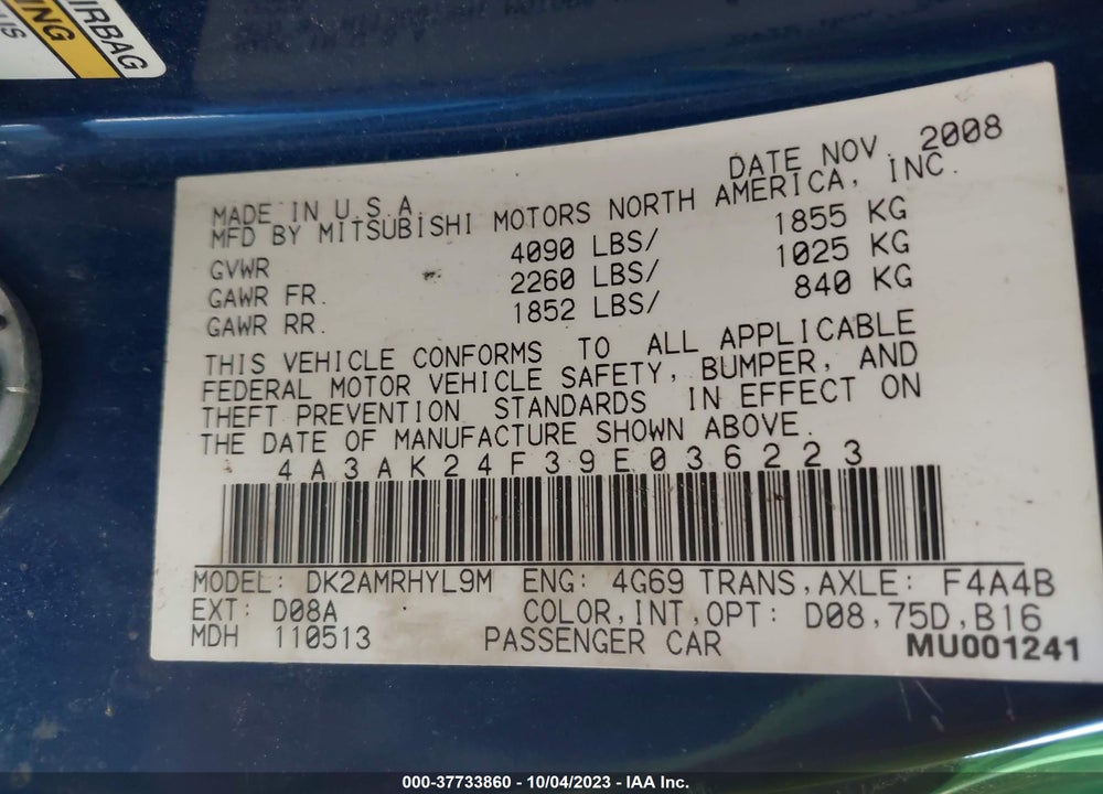 2009 MITSUBISHI ECLIPSE GS VIN: 4A3AK24F39E036223