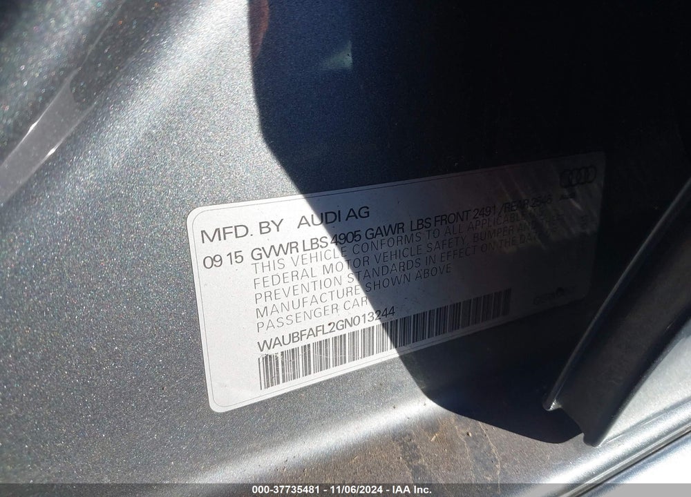 2016 AUDI A4 2.0T PREMIUM VIN: WAUBFAFL2GN013244