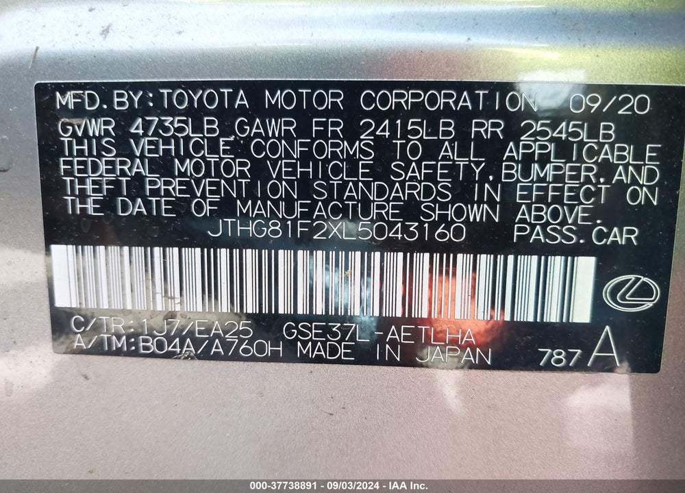 2020 LEXUS IS VIN: JTHG81F2XL5043160