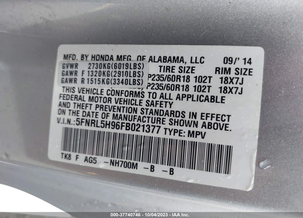 2015 HONDA ODYSSEY TOURING/TOURING ELITE VIN: 5FNRL5H96FB021377