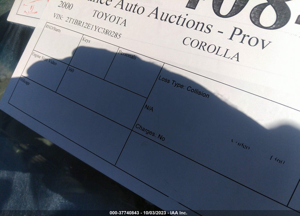 2000 TOYOTA COROLLA CE VIN: 2T1BR12E1YC380285