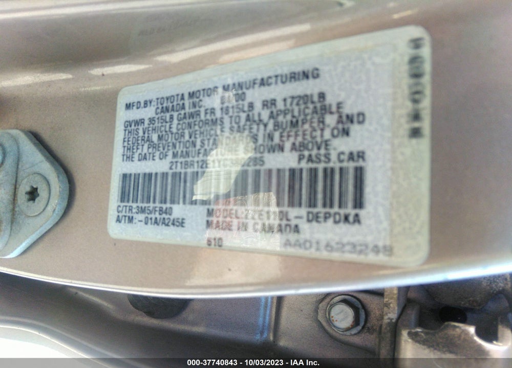 2000 TOYOTA COROLLA CE VIN: 2T1BR12E1YC380285