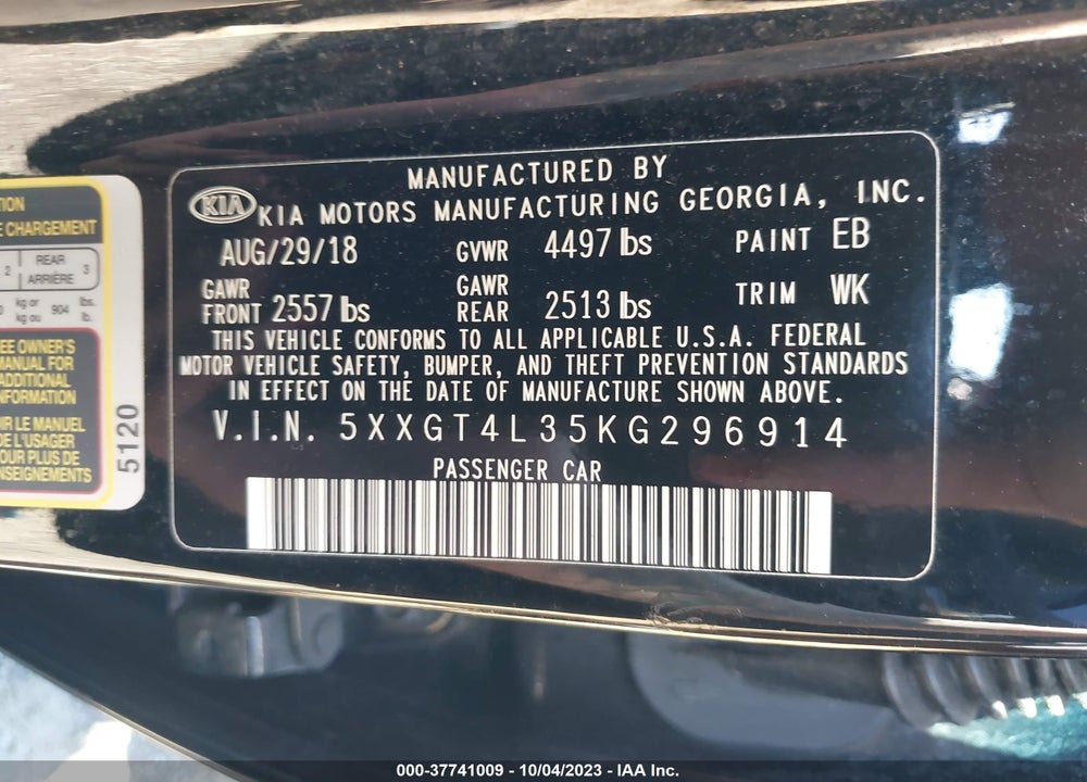 2019 KIA OPTIMA LX VIN: 5XXGT4L35KG296914