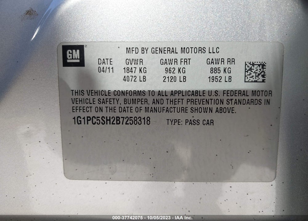 2011 CHEVROLET CRUZE LS VIN: 1G1PC5SH2B7258318