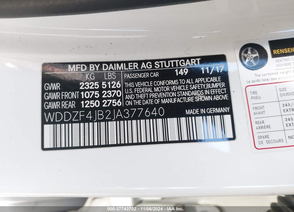 2018 MERCEDES-BENZ E 300 VIN: WDDZF4JB2JA377640