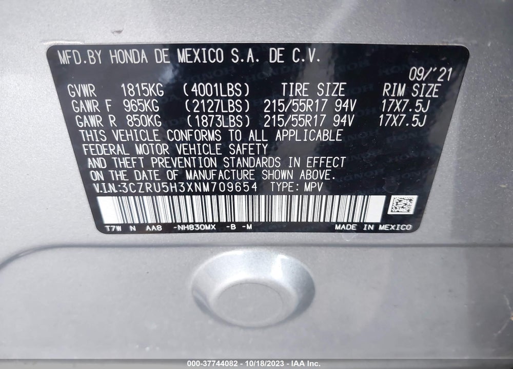 2022 HONDA HR-V VIN: 3CZRU5H3XNM709654