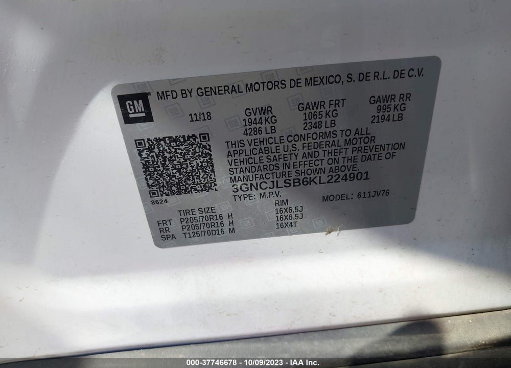 2019 CHEVROLET TRAX LT VIN: 3GNCJLSB6KL224901