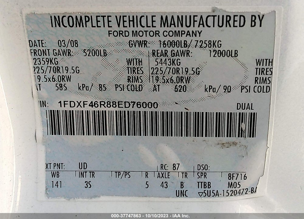 2008 FORD F-450 CHASSIS XLT/XL VIN: 1FDXF46R88ED76000